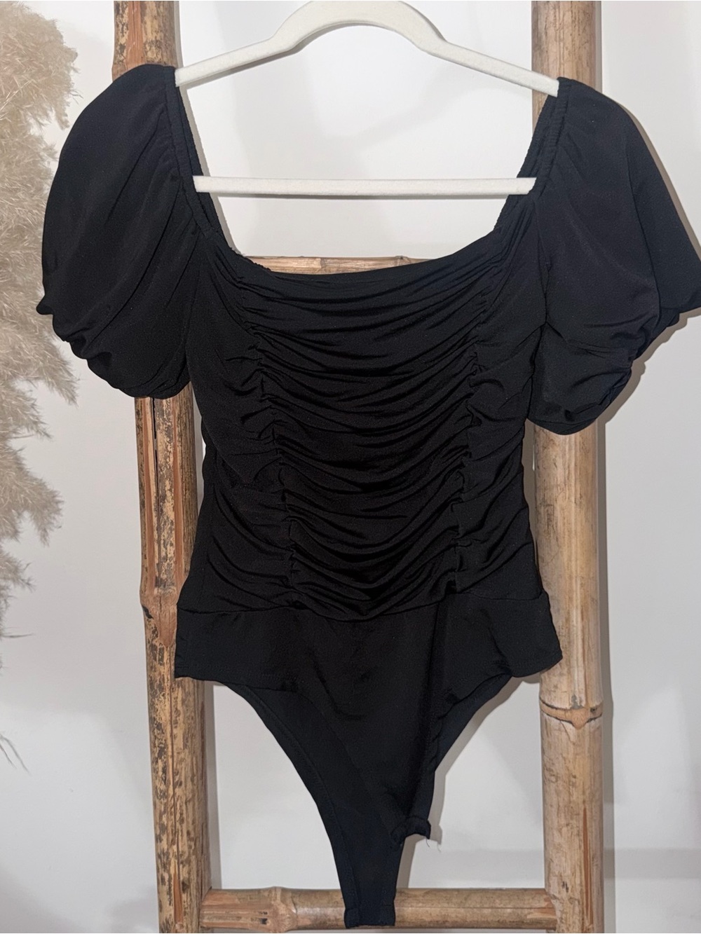 Black Ruched Puff Sleeve Bodysuit